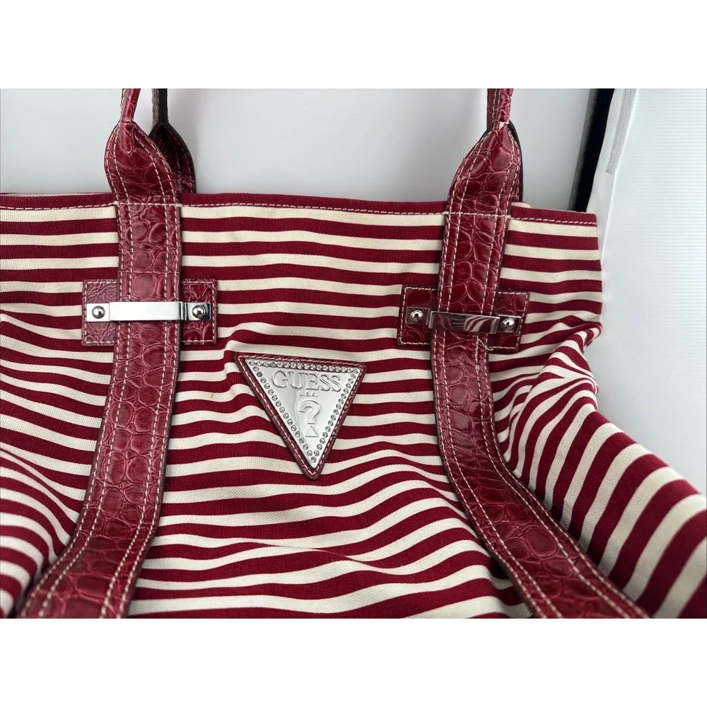 Vintage GUESS Satchel Tote Bag Red White Striped Faux Leather Croc Trim Medium